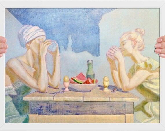 Women Sharing Breakfast Pastel Painting Print Soft Kitchen Wall Artwork