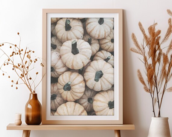 White Pumpkin Patch Watercolor Autumn Farmhouse Kitchen Art Poster