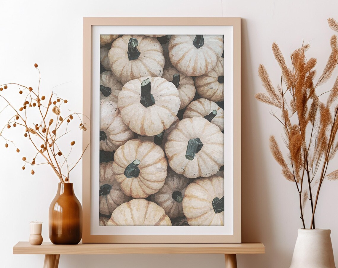 White Pumpkin Patch Watercolor Autumn Farmhouse Kitchen Art Poster