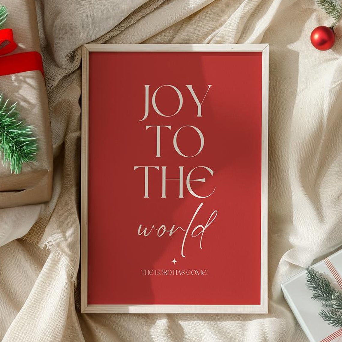 Joy To The World Cream Lettering On Bold Red Christmas Poster