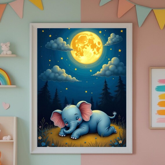 Sleeping Baby Elephant Full Moon Stars Dreamy Nursery Art Poster