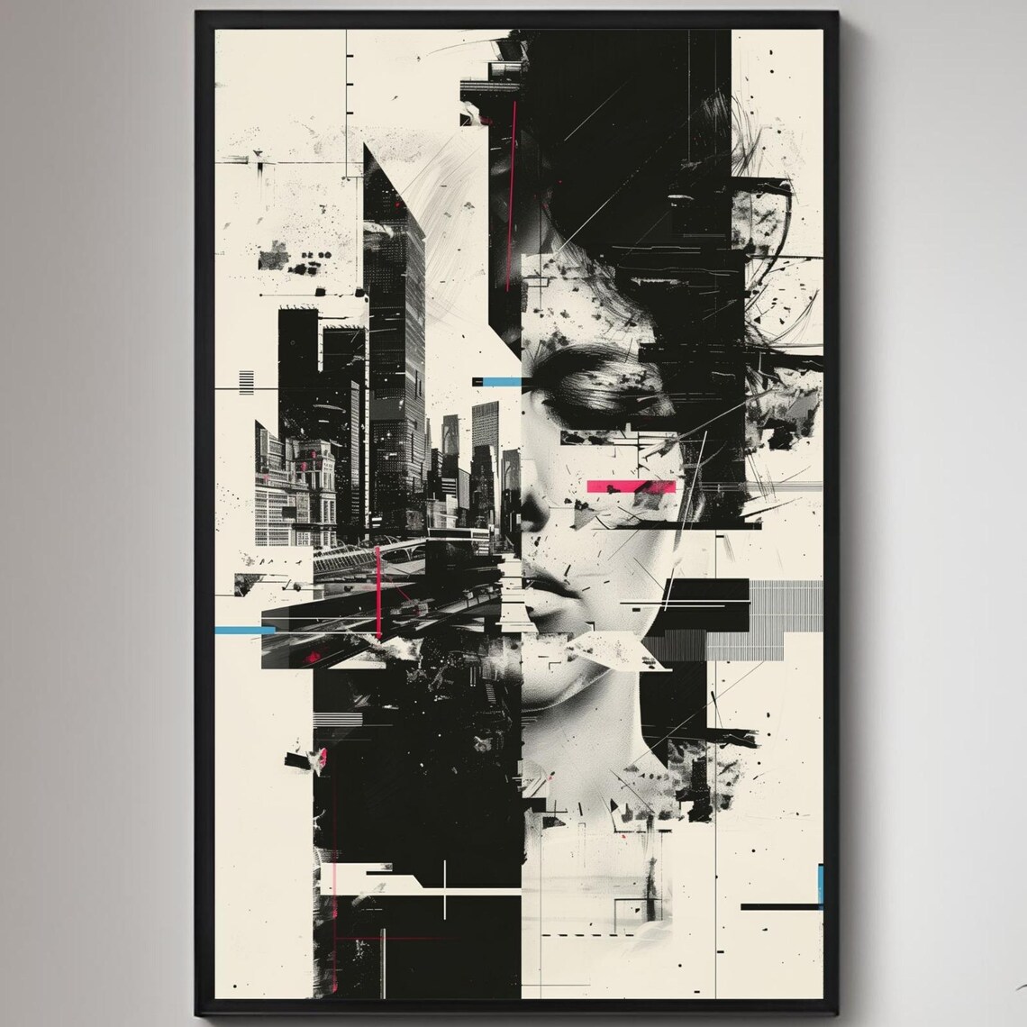 Inner Chaos Vs Modern Life Glitch Art Woman With City Skyline Poster