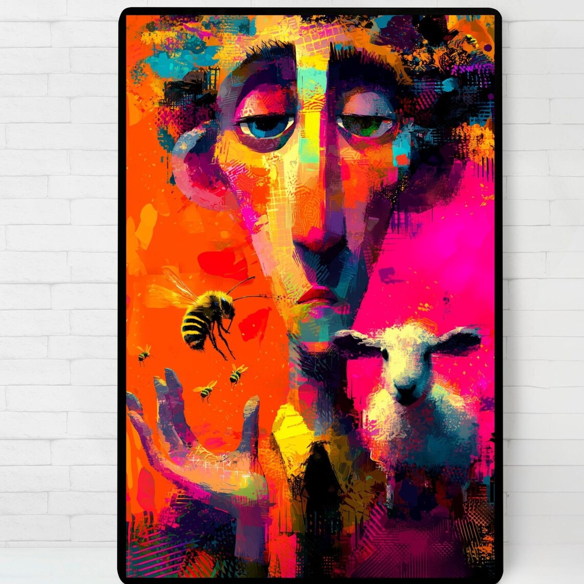 Surreal Lamb And Bees Portrait, Abstract Art Print