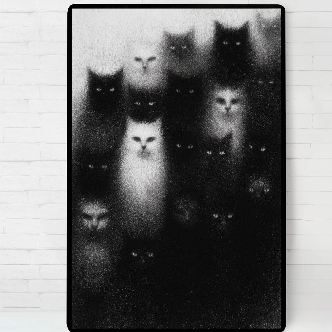 Mystical Black And White Cats Surreal Art Print Poster Wall Instant