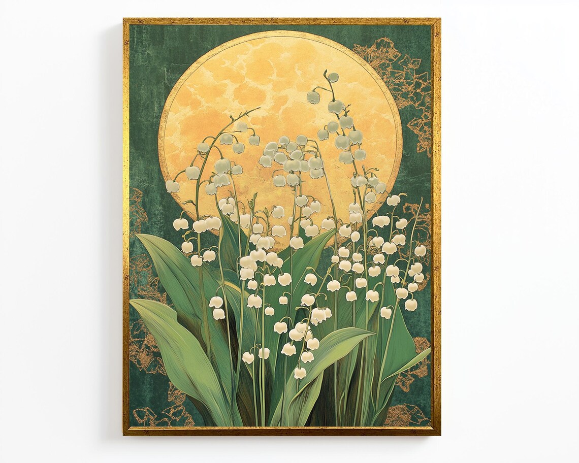 Lily Of The Valley Golden Moon Dark Green Vintage Floral Art Poster - Image 2