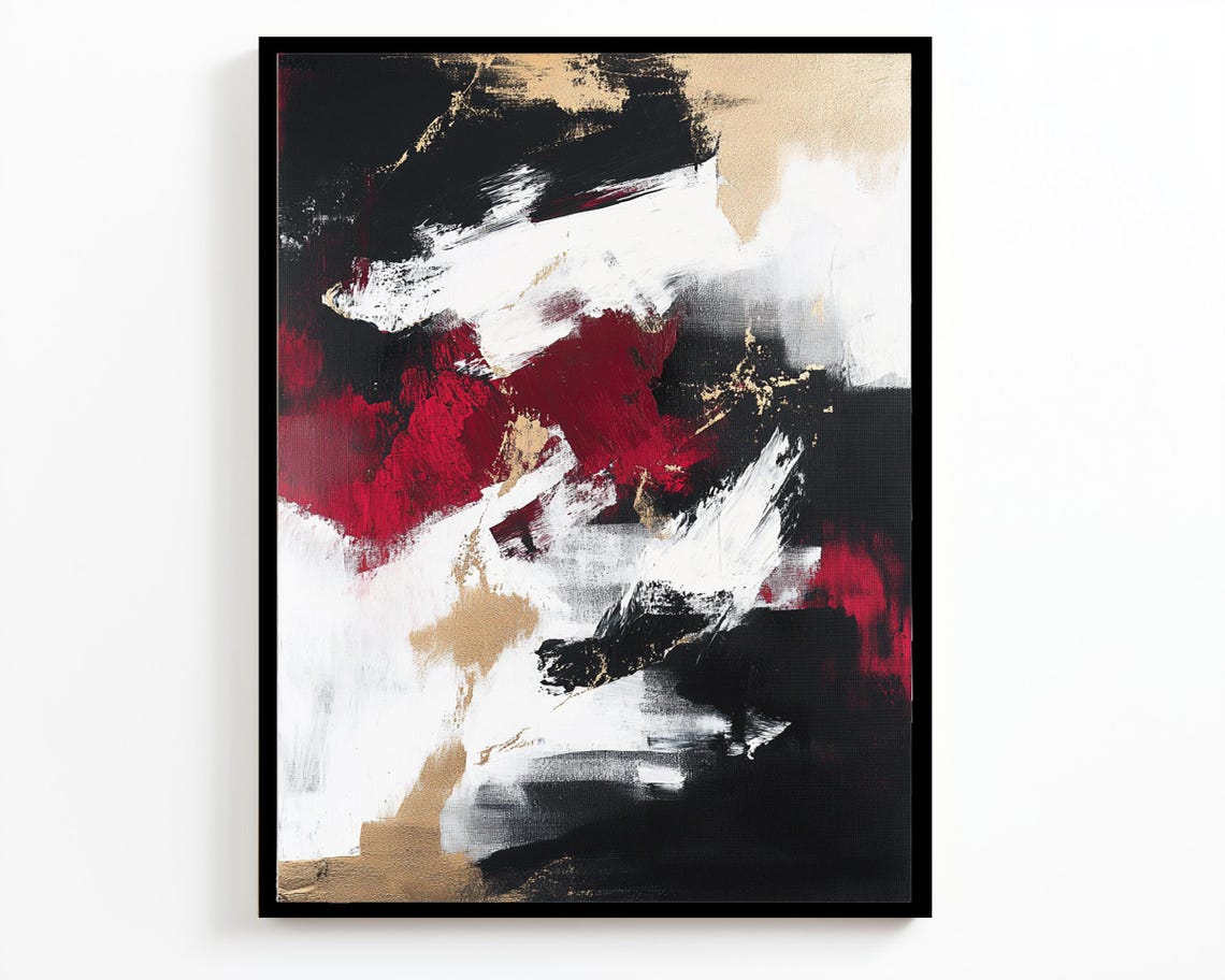 Bold Red Black White Gold Abstract Textured Brushstroke Statement Art - Image 2