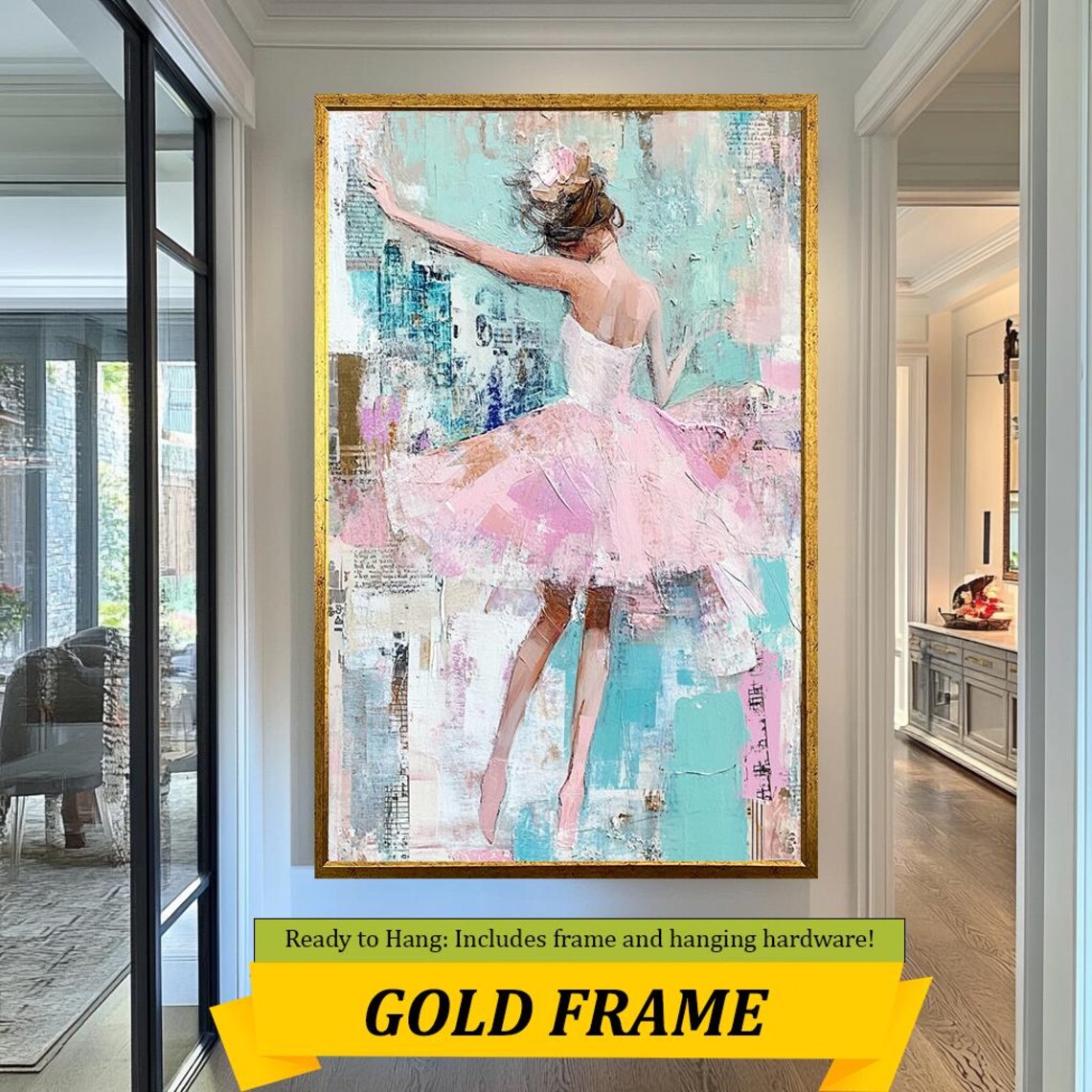 Elegant Pink Ballerina Dancing Tutu Mixed Media Pastel Painting Wall Art - Image 3