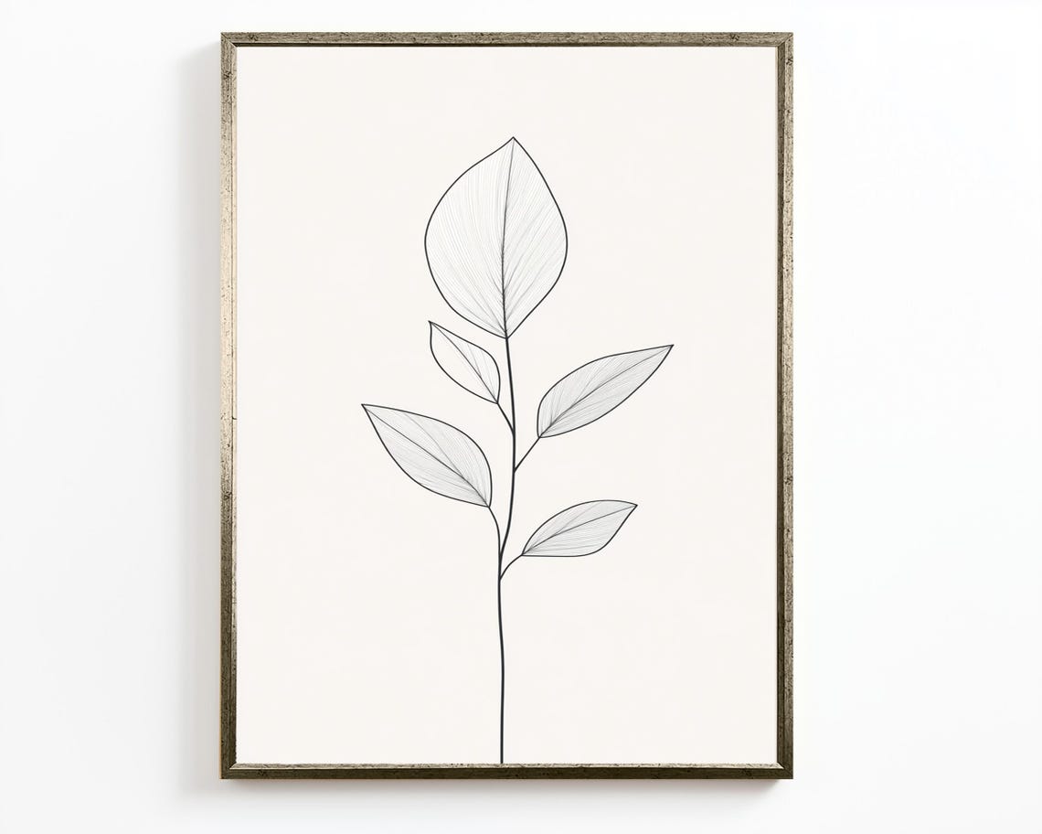 Minimalist Botanical Line Art Single Stem Leaves Drawing Wall Art - Image 2