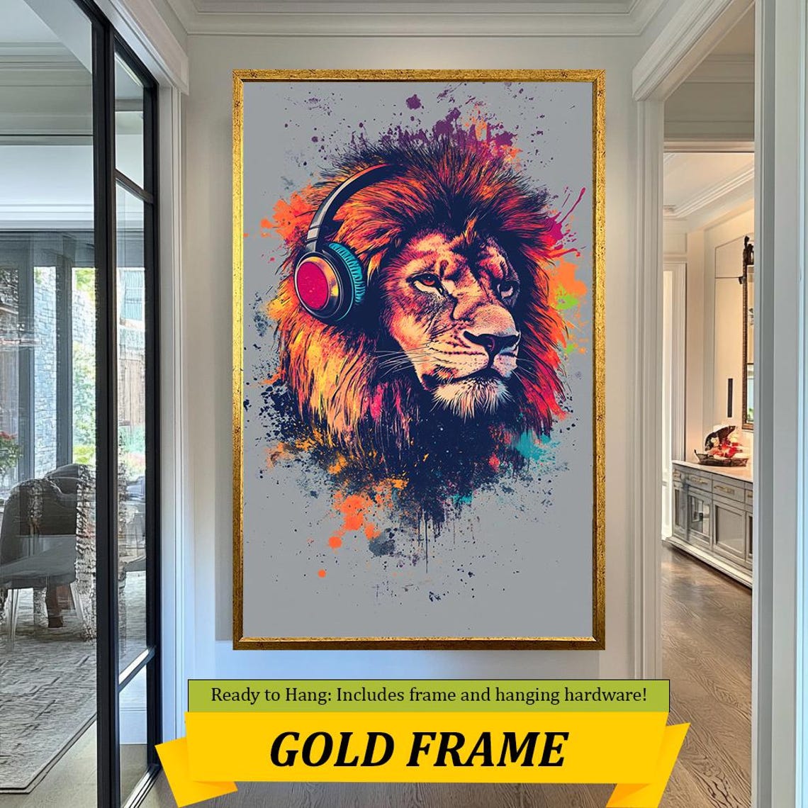 Colorful Lion Wearing Headphones Splatter Art Bold Wildlife Wall Decor - Image 3