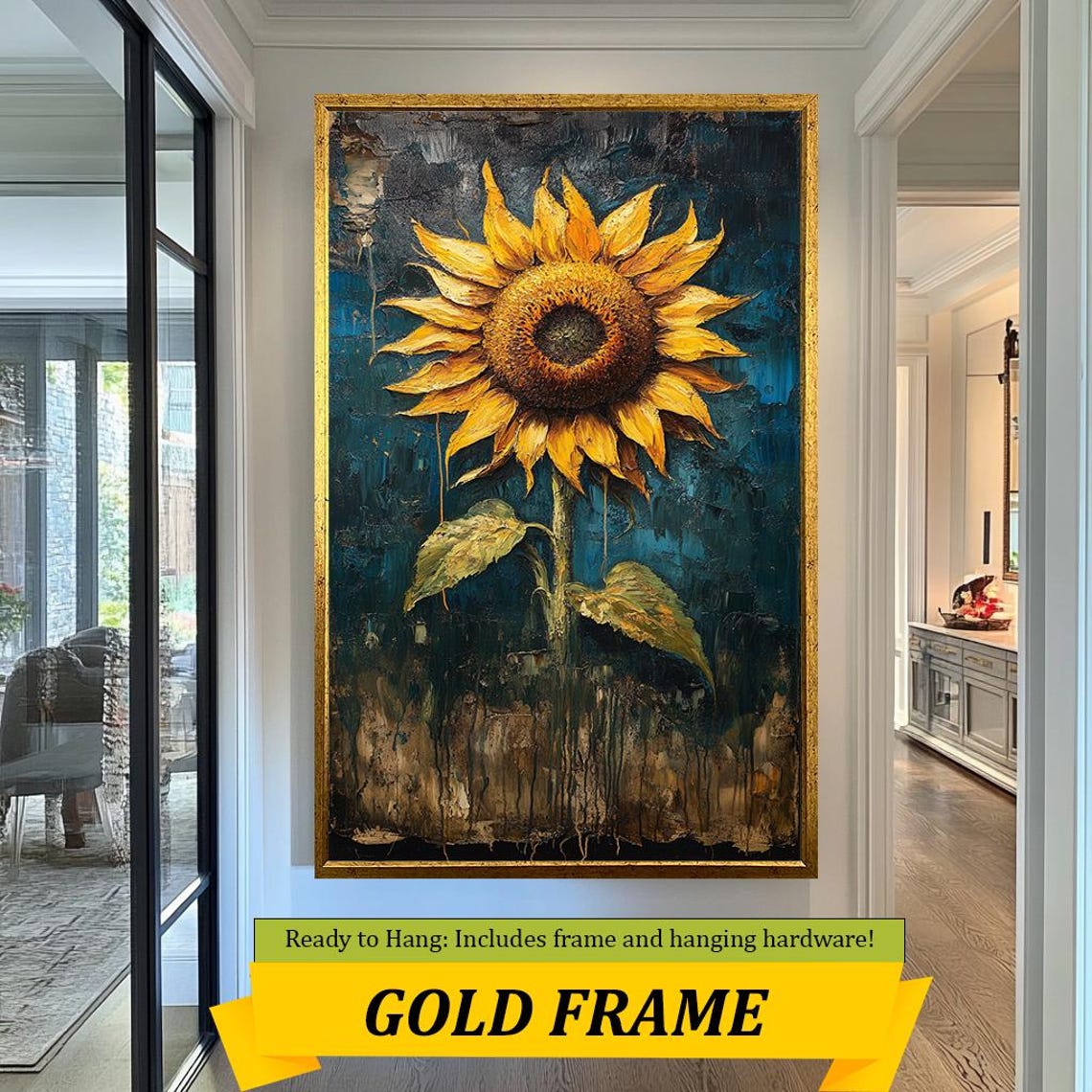 Rustic Dark Sunflower Oil Painting Moody Teal Textured Floral Poster - Image 3