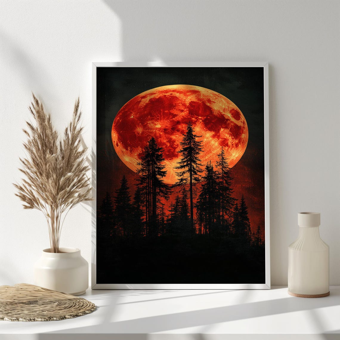 Blood Moon Over Black Pine Forest Mystical Gothic Night Sky Wall Art - Image 3