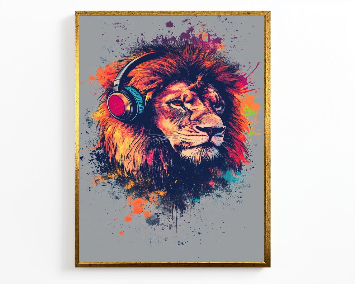 Colorful Lion Wearing Headphones Splatter Art Bold Wildlife Wall Decor - Image 2