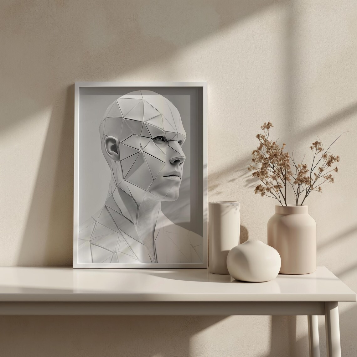 Geometric Polygon White Face Sculpture Minimalist Modern Print Art - Image 2