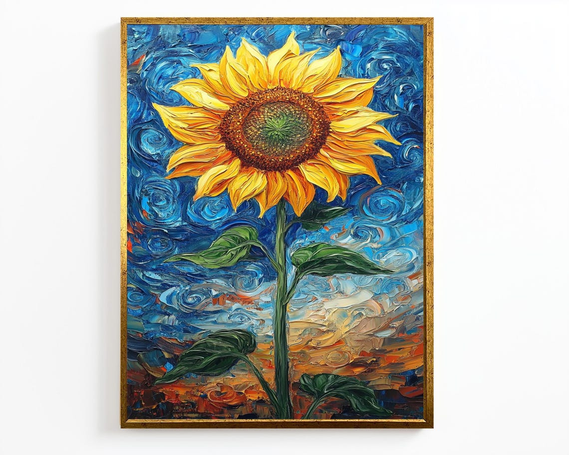 Van Gogh Style Sunflower Starry Night Sky Textured Oil Painting Poster - Image 2