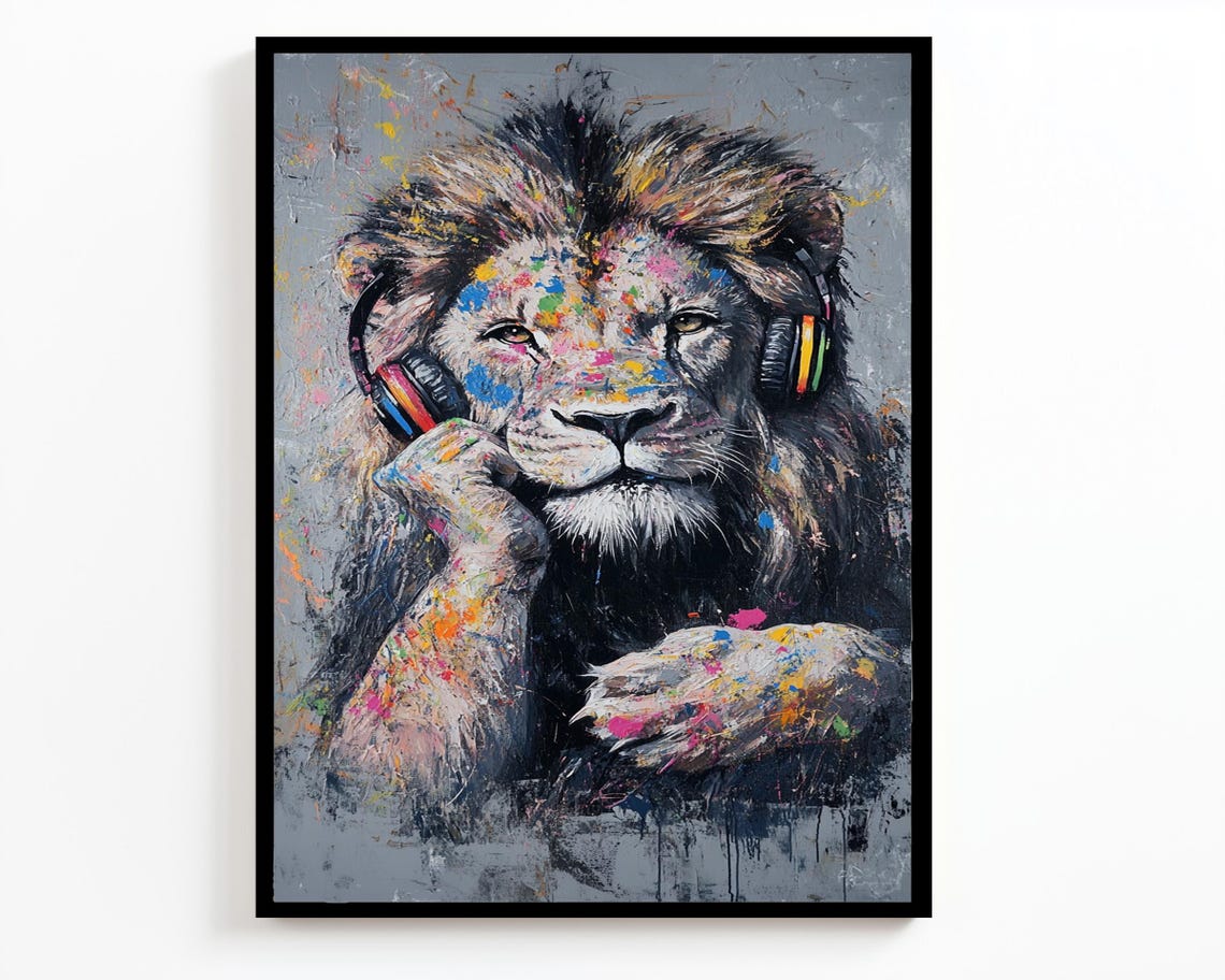 Thoughtful Lion With Headphones Paint Splatter Creative Wildlife Art - Image 2