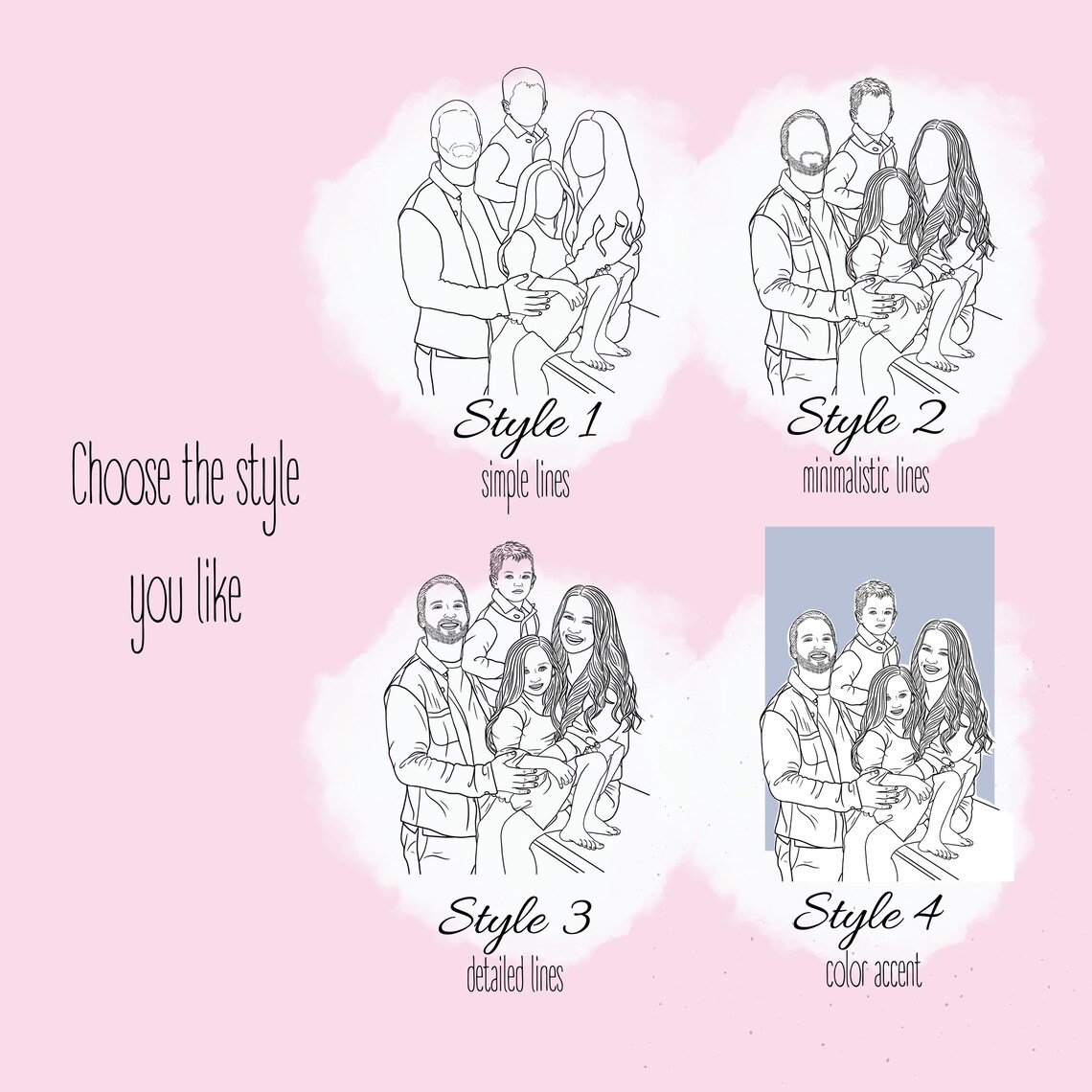 Custom Line Drawing Family Wedding Portrait - Image 2