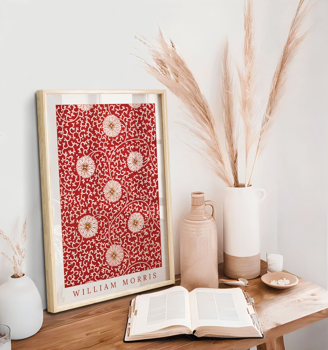William Morris Red Flower Pattern, Vintage Textile Art Print
