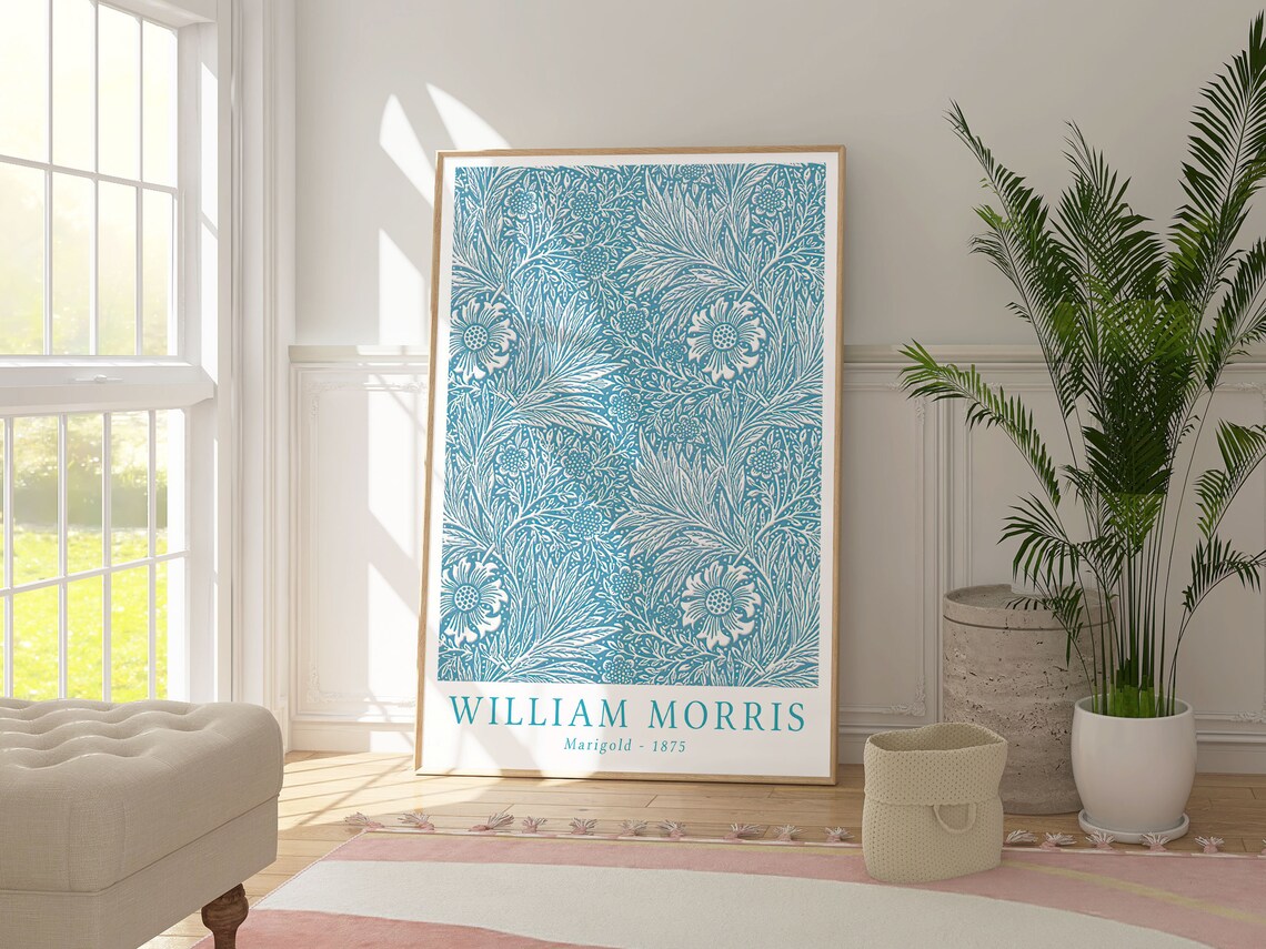 William Morris Marigold Blue Botanical Art Print - Image 4