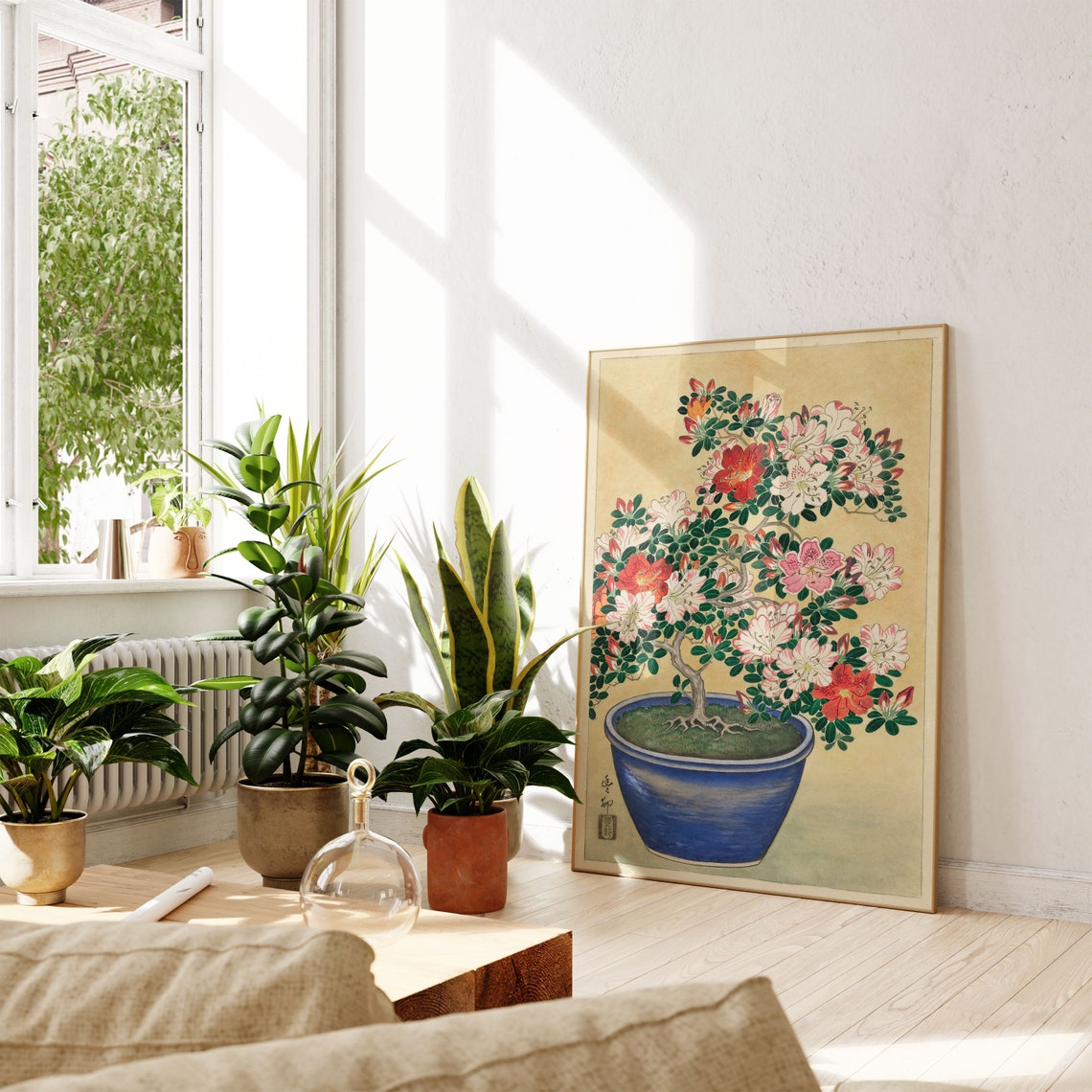 Japanese Flowering Azalea Bonsai Tree Blue Pot Vintage Botanical Print - Image 2