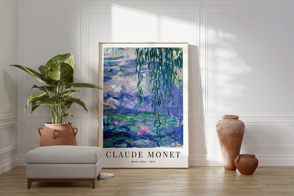 Claude Monet Water Lilies 1913 Weeping Willow Purple Blue Pond Poster - Image 2