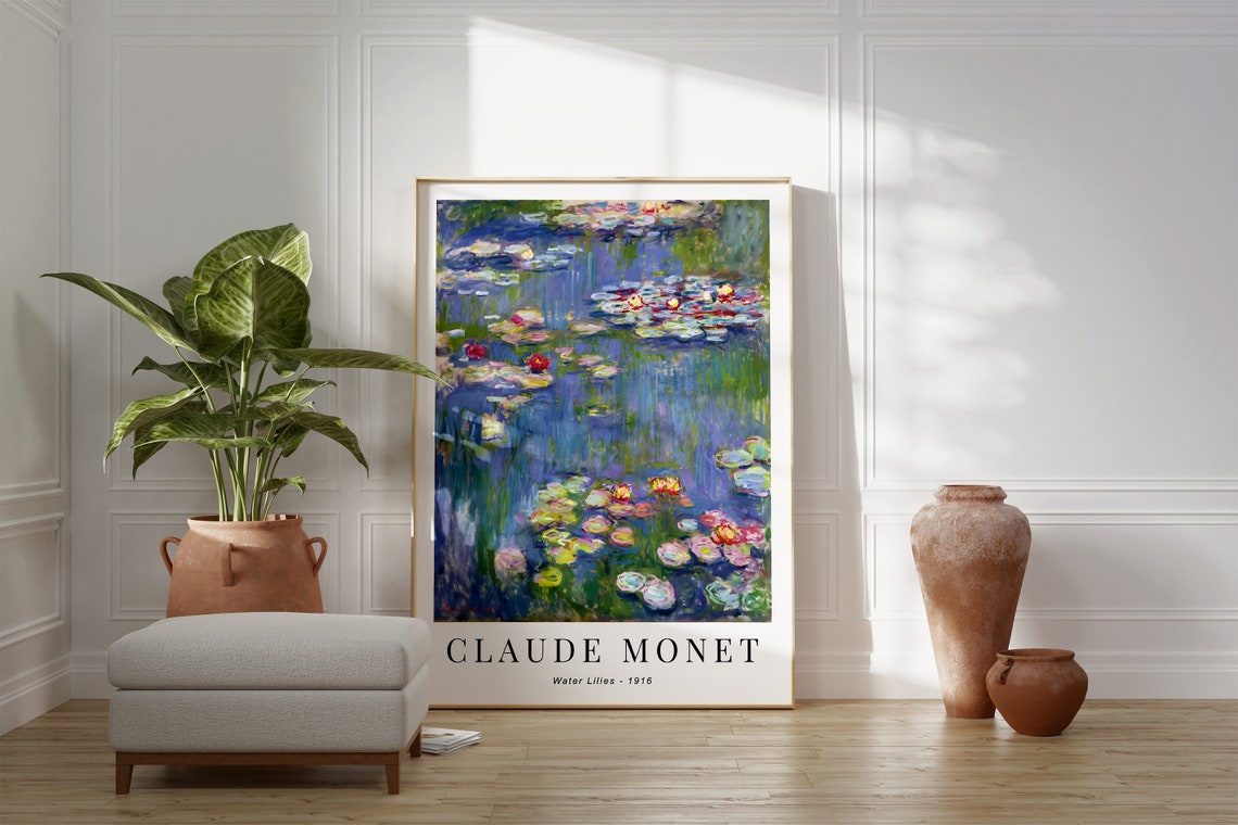 Claude Monet Water Lilies 1916 Red Pink Lilies Blue Green Pond Poster - Image 2