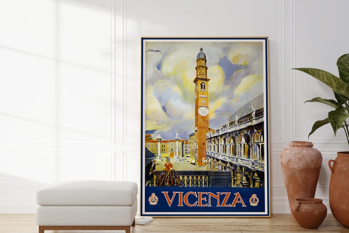 Vicenza Italy Vintage Travel Poster Old Town Bell Tower View - Image 4