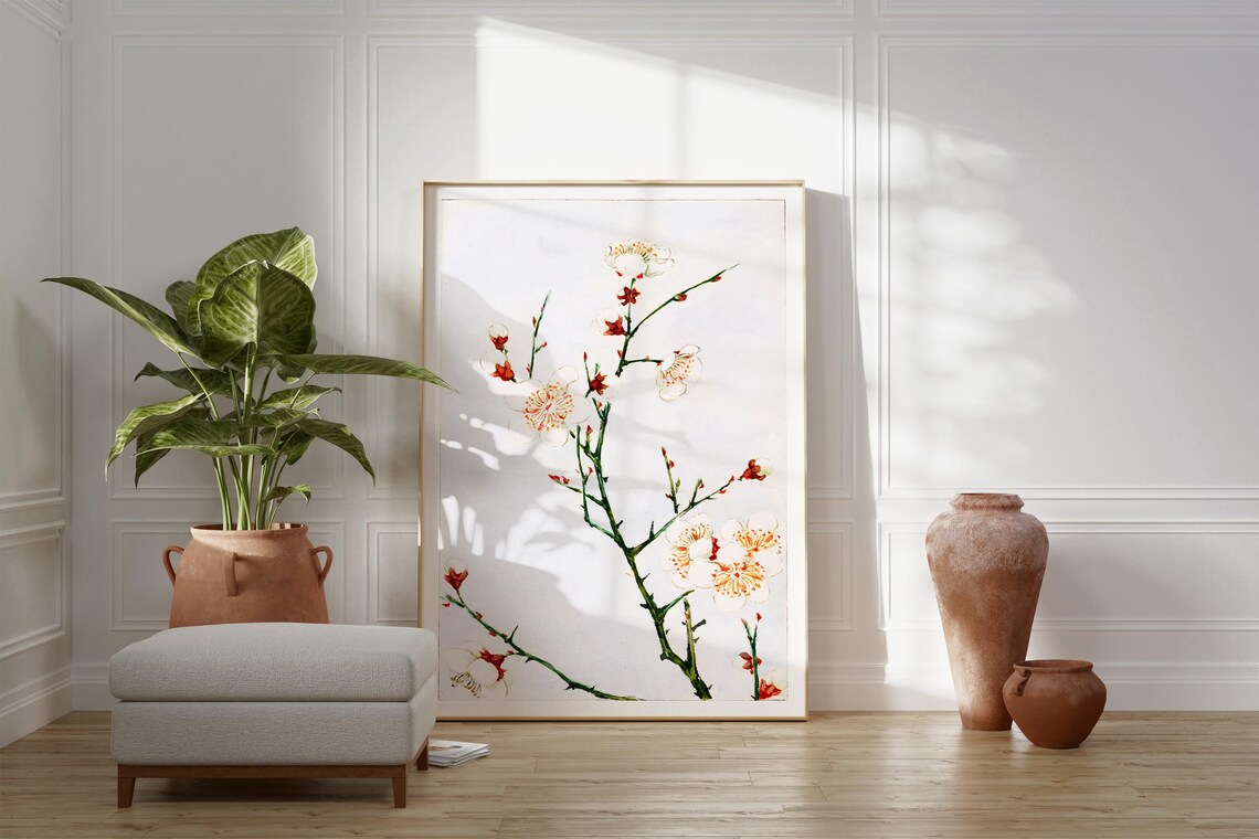 Japanese Plum Blossom Branch White Flowers Minimalist Art Print - Image 2