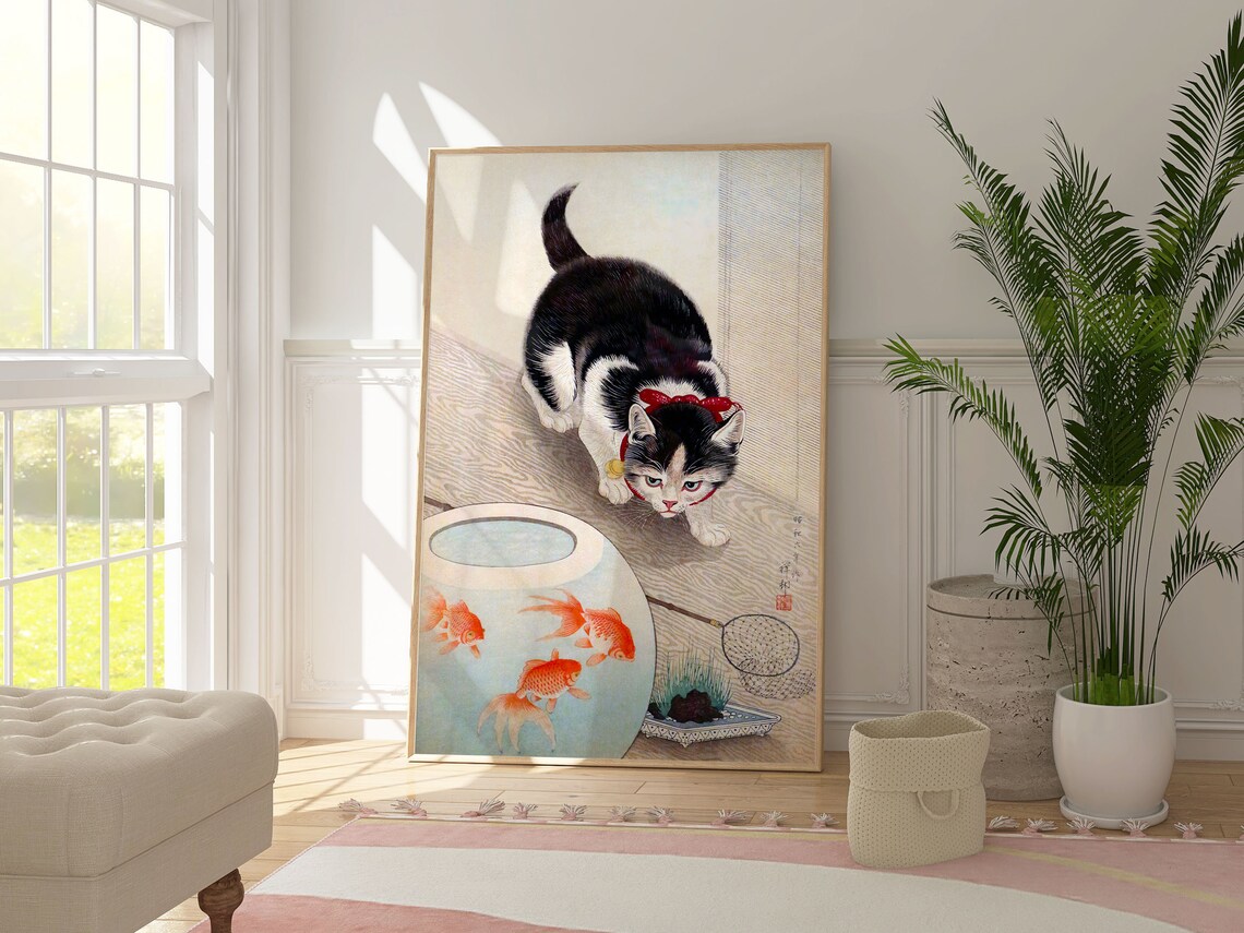 Ohara Koson Cat And Goldfish Bowl Vintage Japanese Woodblock Art Poster - Image 2