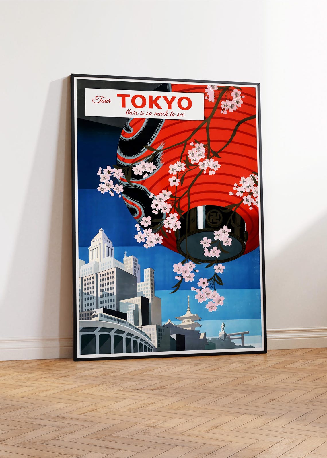 Tour Tokyo Red Lantern Cherry Blossom Vintage Japanese Travel Poster - Image 2