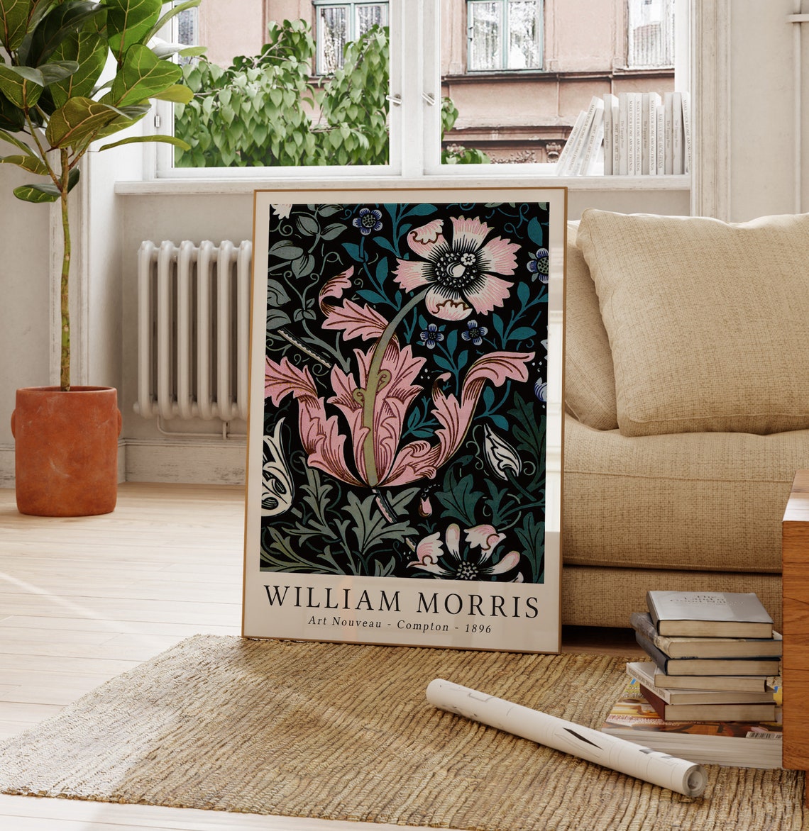 William Morris Compton 1896 Pink Floral on Black Art Nouveau Poster - Image 4