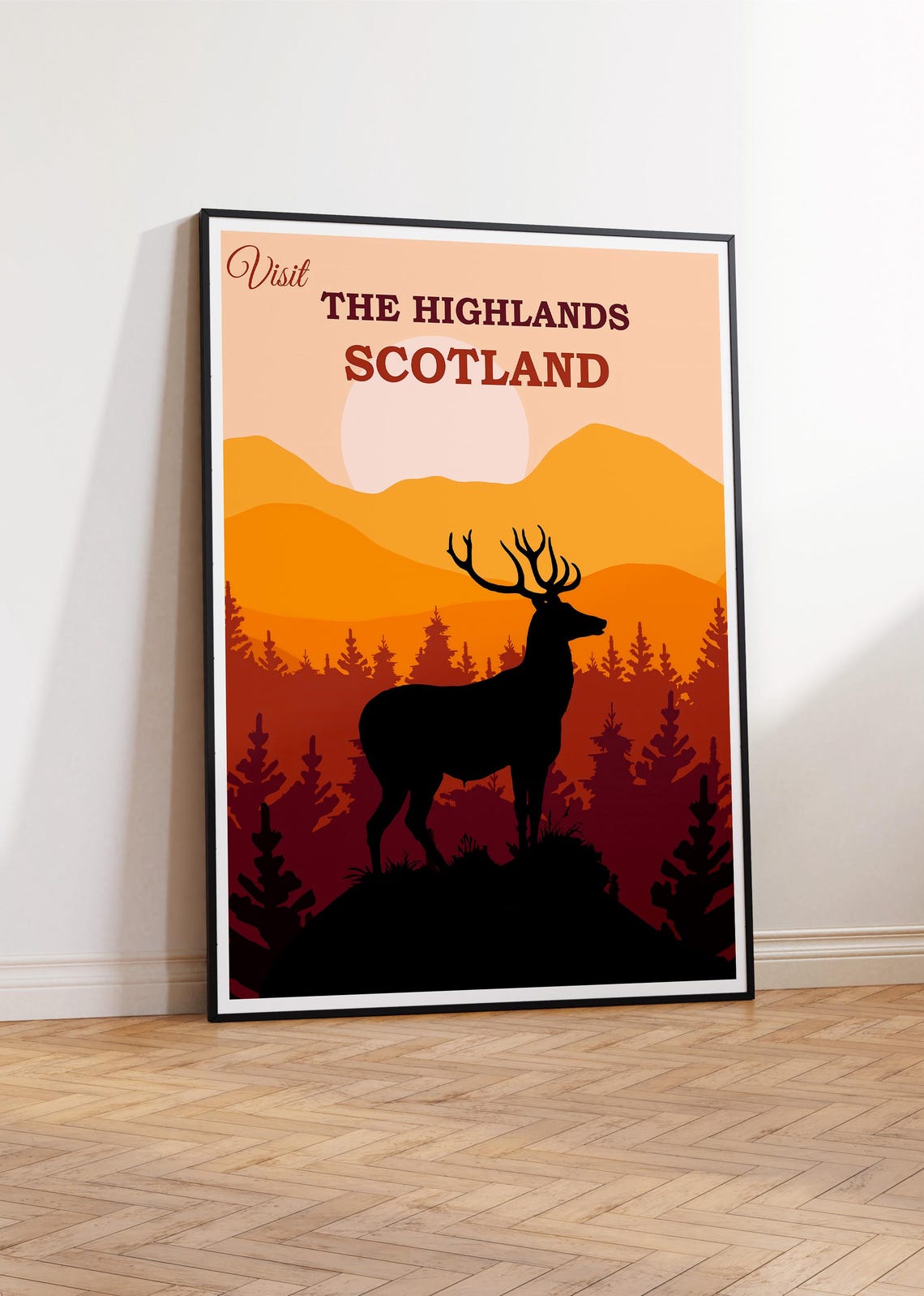 Visit The Highlands Scotland Stag Sunset Mountain Landscape Poster - Image 2