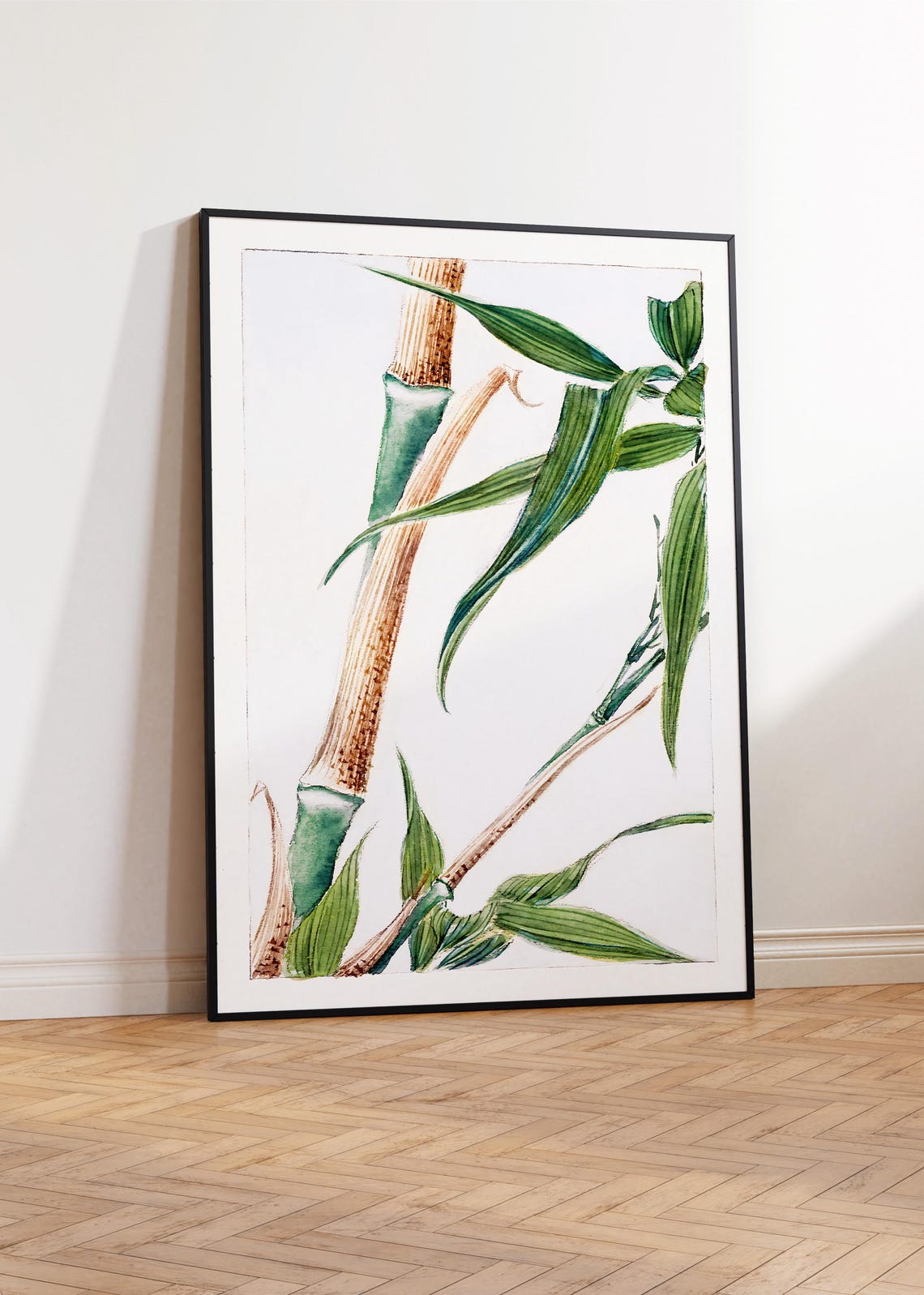 Japanese Bamboo Stalks Watercolor Green Leaves Minimalist Zen Wall Art - Image 4