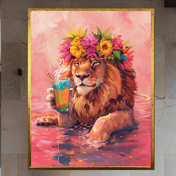 Playful Lion Poolside Cocktail Party Flower Crown Pop Art Poster
