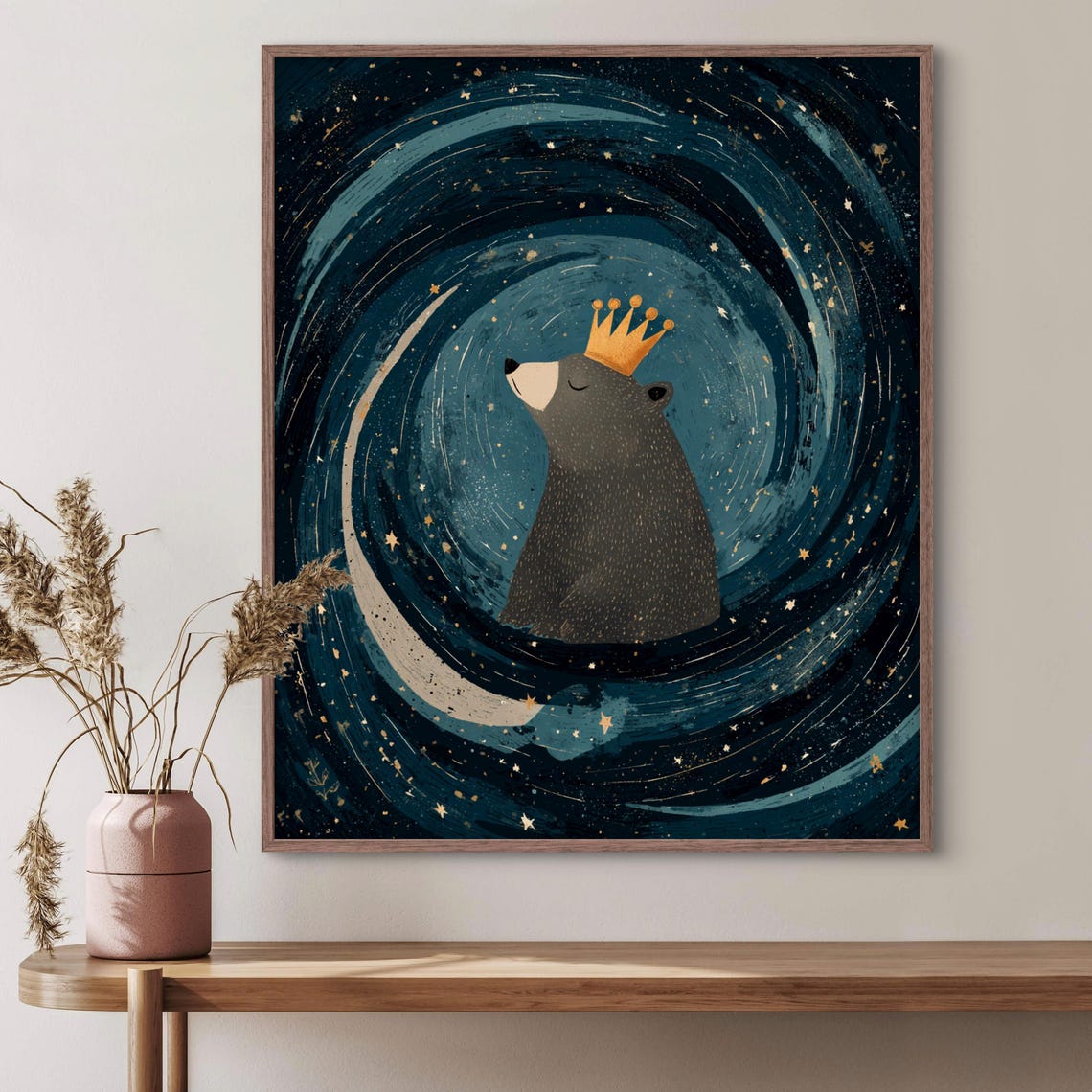 Bear Wearing Crown in Starry Night Sky Whimsical Nursery Art Poster