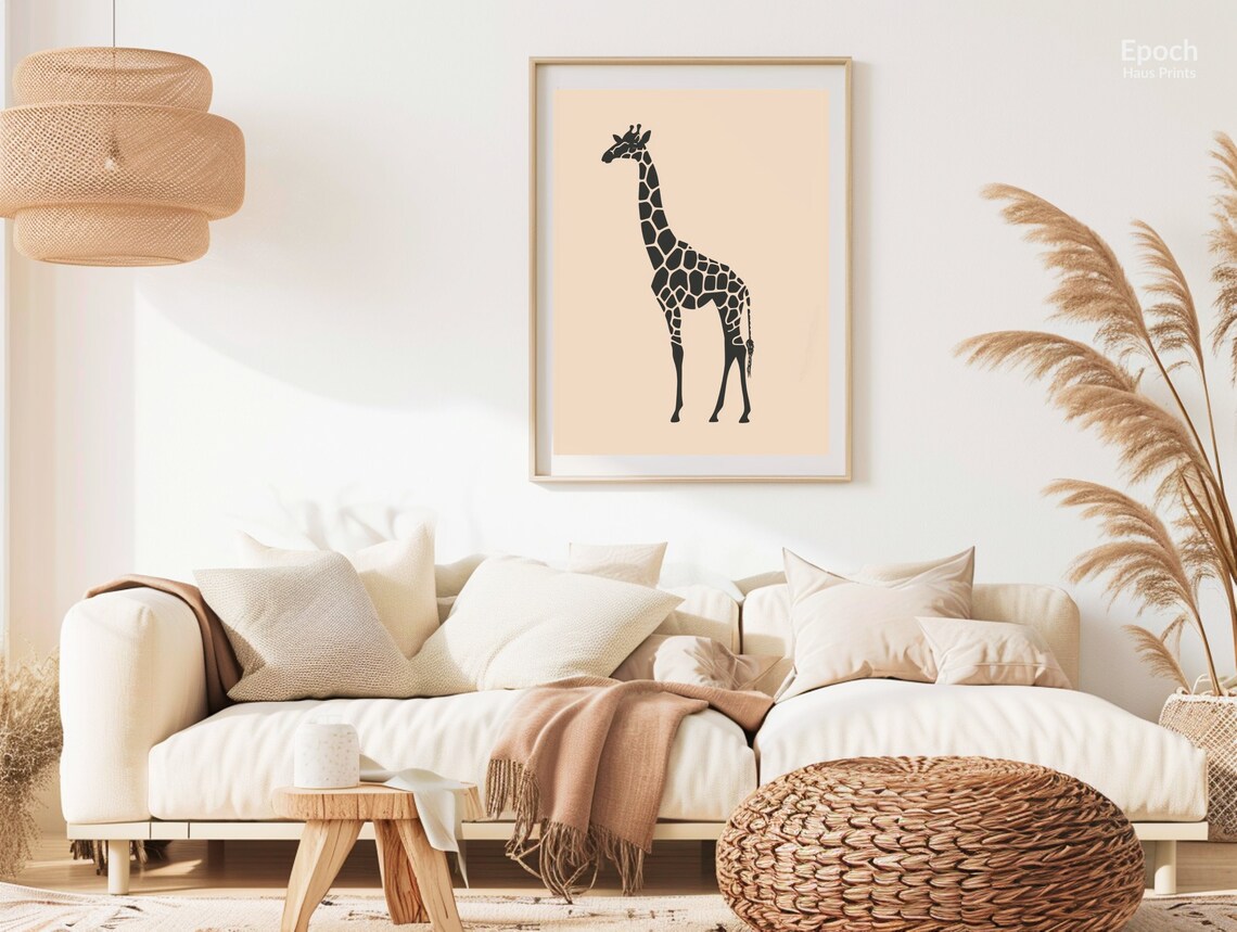 Black Giraffe Silhouette On Beige Minimalist Modern Wall Art - Image 3