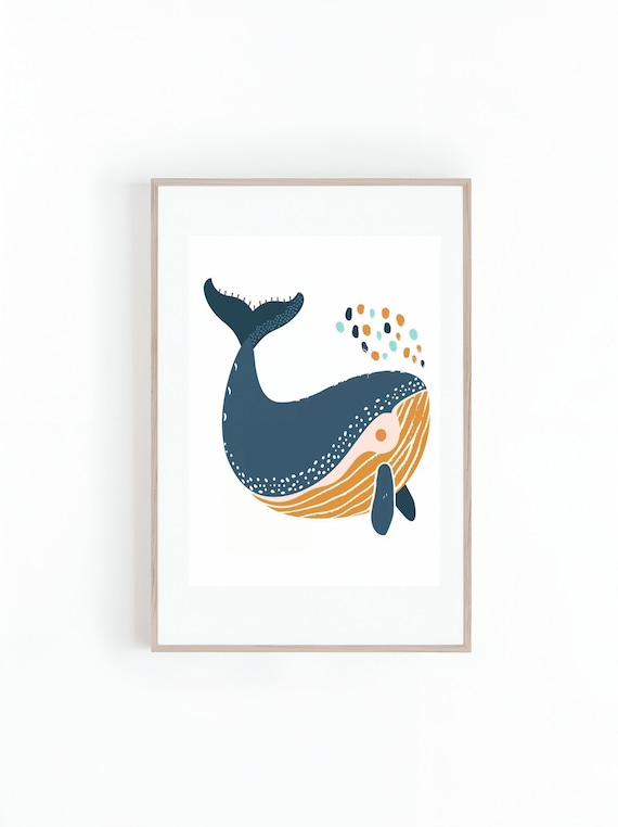 Playful Blue Whale Diving With Spout Kids Room Illustration Poster