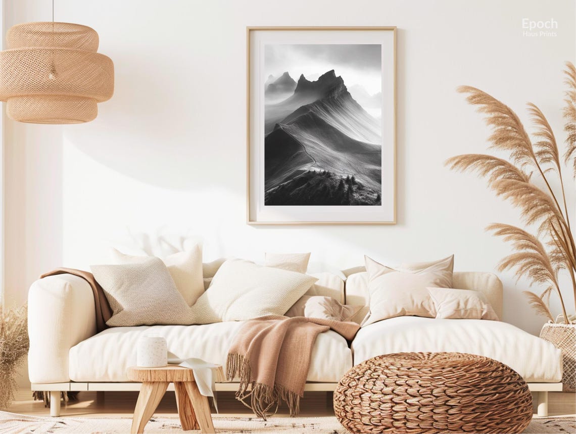 Photo Winding Trail Through Mountains Range Black And White Beautiful Landscape Photo Minimalist Wall Art Print Instant - Image 2