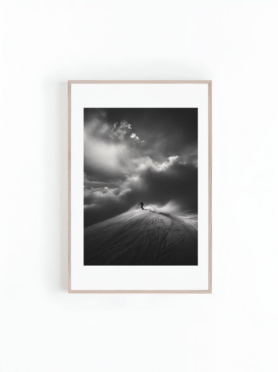 Skier On Snowy Mountain Ranges, Back Country Skiing Art Print