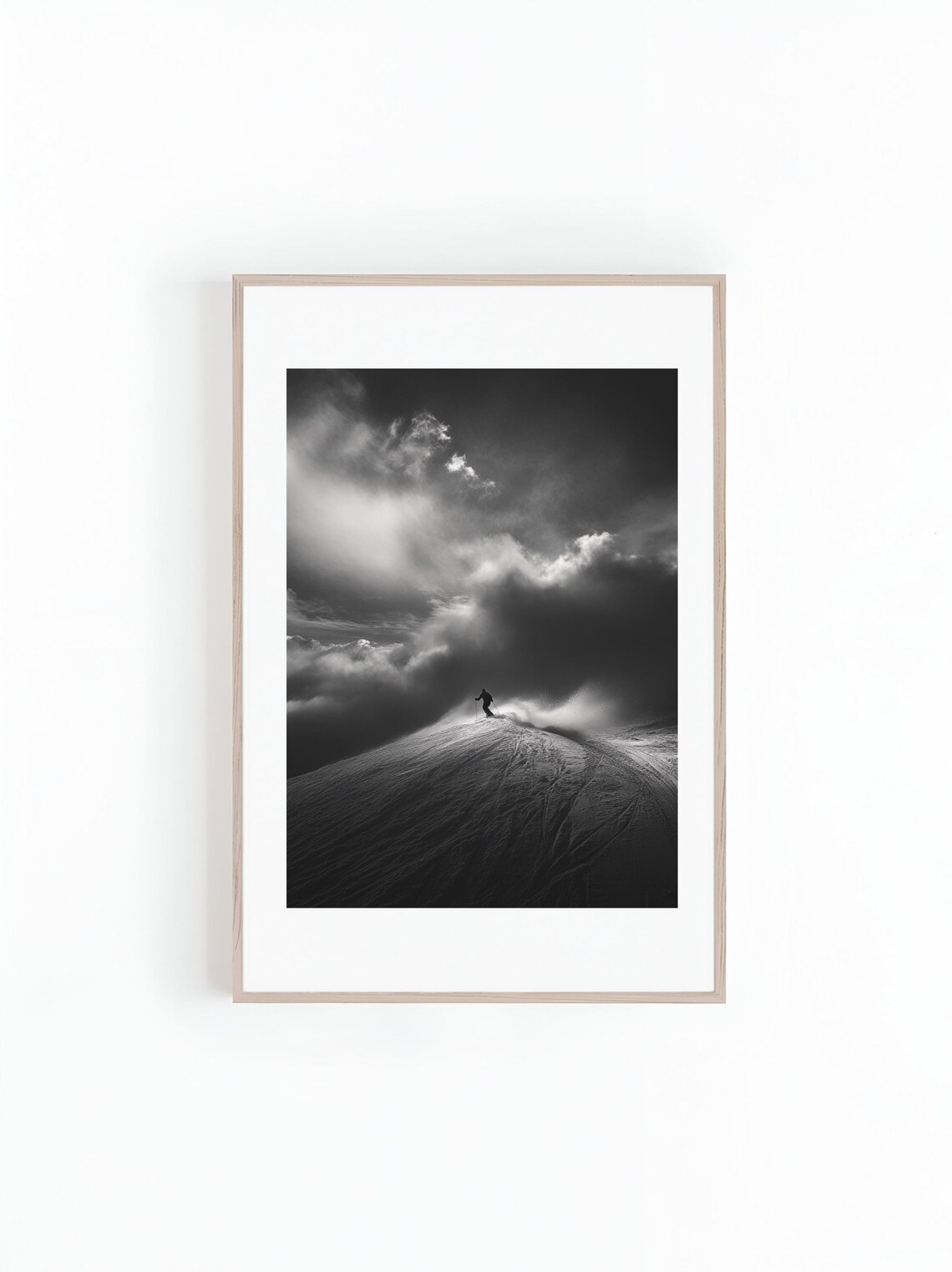 Skier On Snowy Mountain Ranges, Back Country Skiing Art Print
