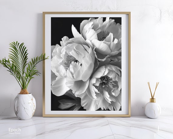 Peony Flower Bouquet Black And White Floral Art Print