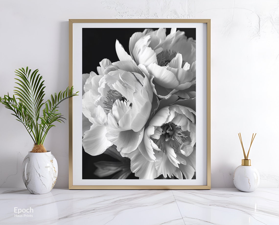 Peony Flower Bouquet Black And White Floral Art Print