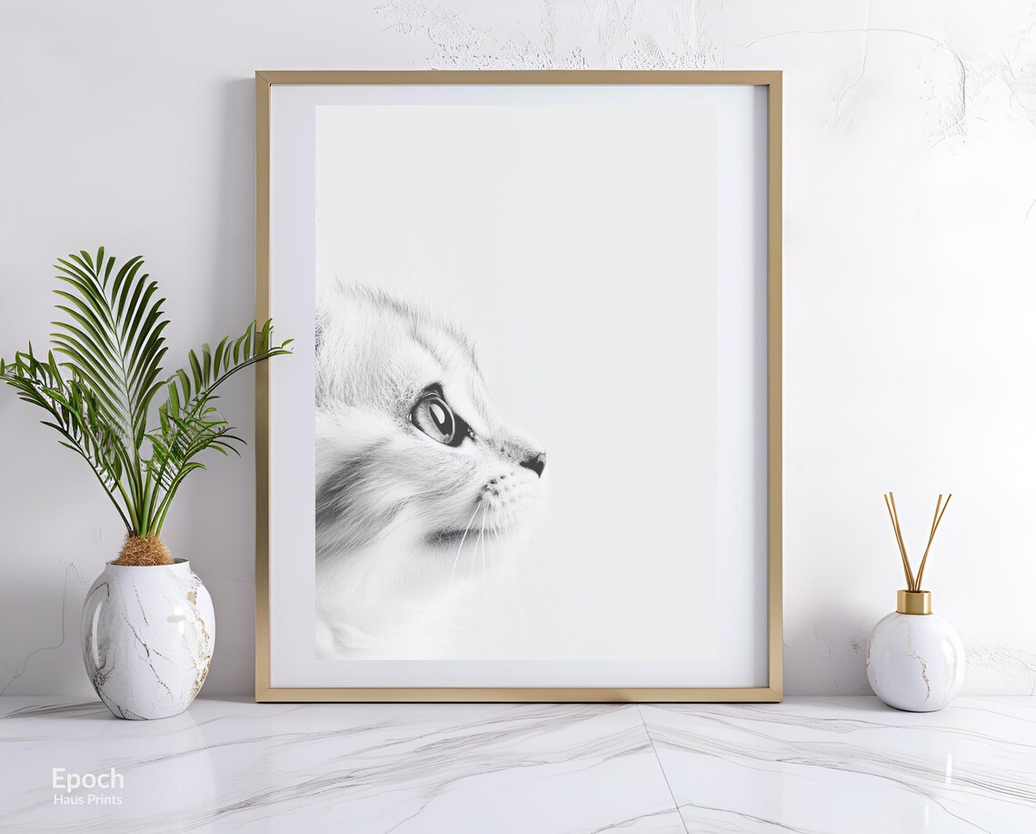 Kitten Looking Up in Profile in Minimal Black and White Poster - Image 3