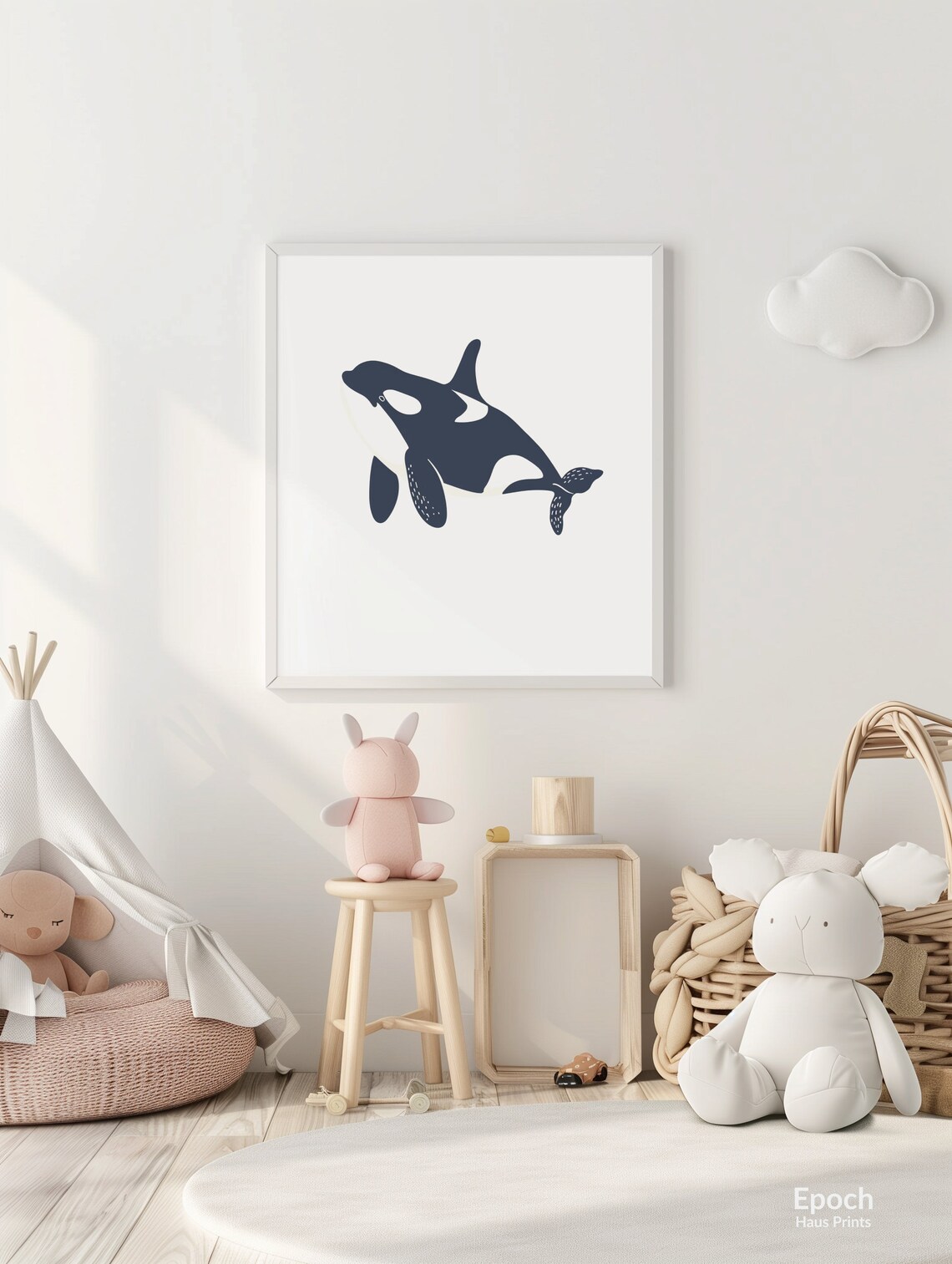 Minimalist Navy Blue Orca Swimming On White Background Poster - Image 2
