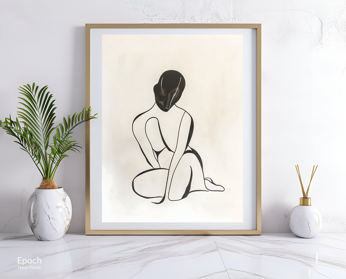 Seated Woman With Bowed Head Minimal Black Line Drawing Art Print - Image 3