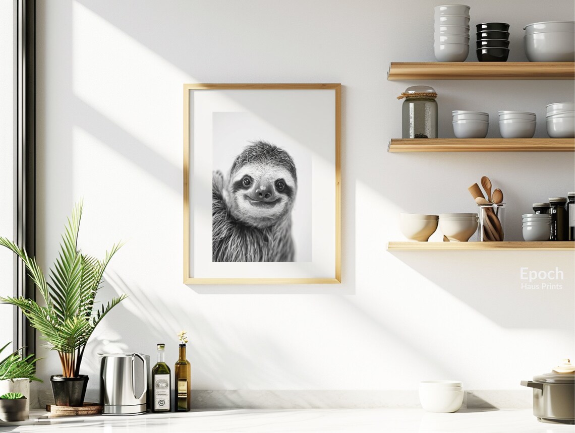 Smiling Sloth Black And White Wildlife Photo - Image 2