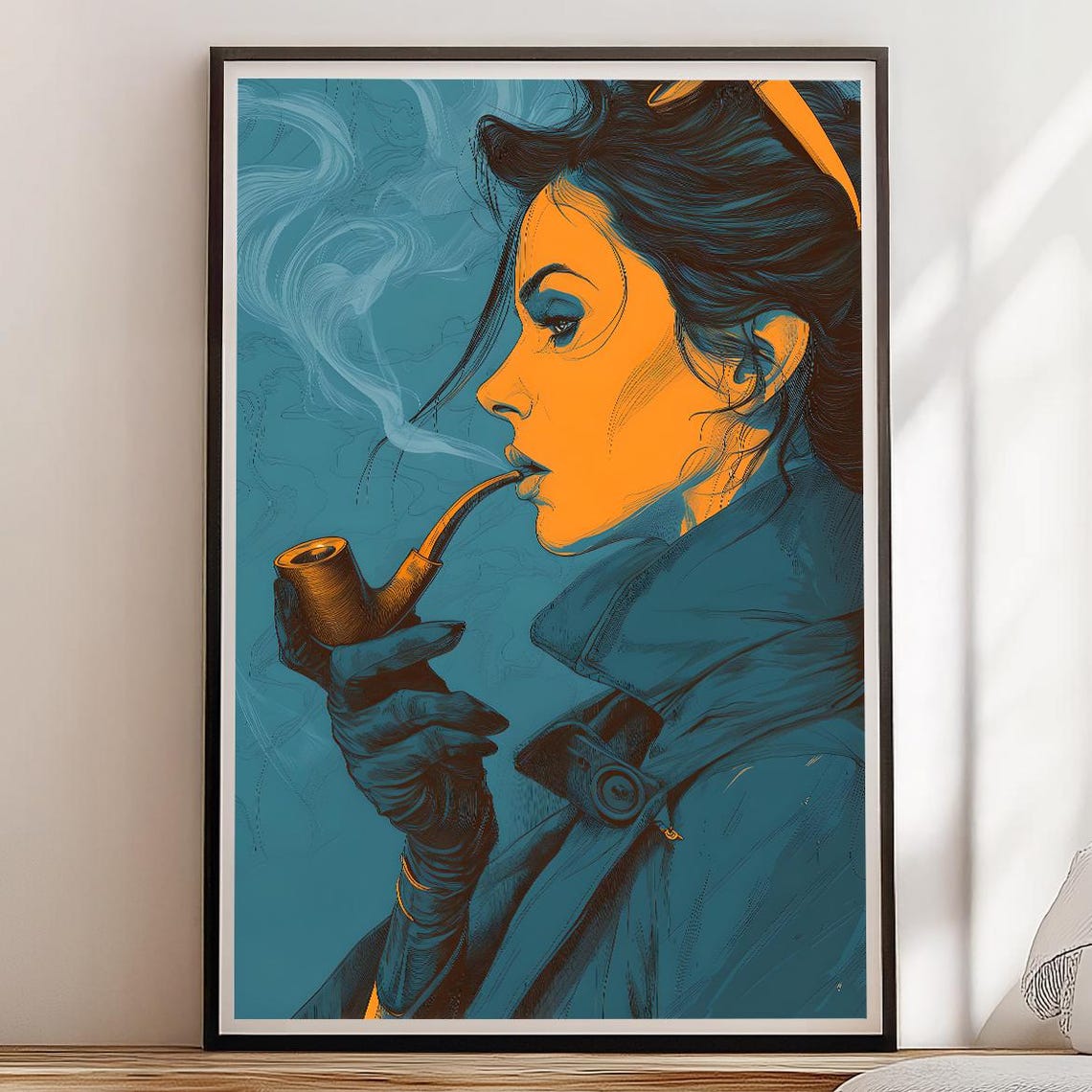 Pipe Smoking Woman Noir Profile In Teal Orange Graphic Art Poster