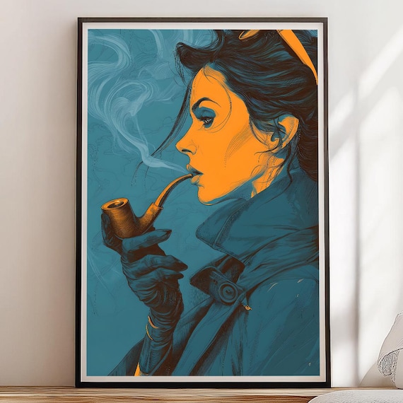Pipe Smoking Woman Noir Profile In Teal Orange Graphic Art Poster