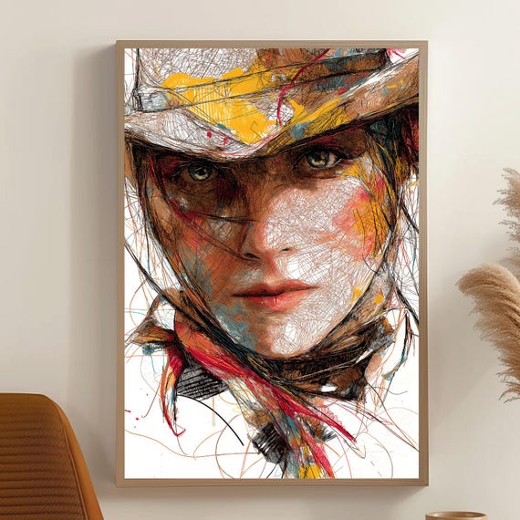 Cowgirl Portrait Illustration Wall Art Print Home Decor Cowboy Western