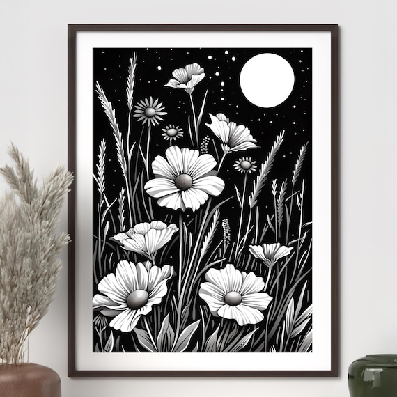 Moonlit Wildflowers Black And White Botanical Night Art Poster
