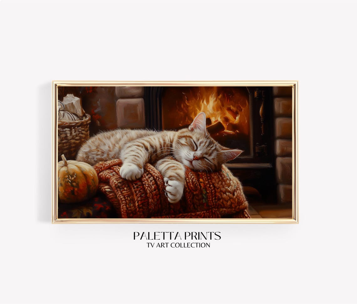 Sleeping Tabby Kitten Knit Blanket Fireplace Cozy Fall Art Wall Poster